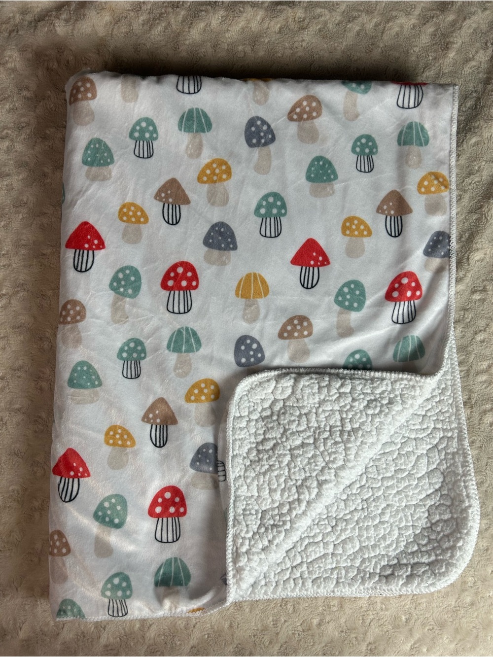 Mushroom Baby Blanket Red White Blue Yellow Gray Tan Sherpa Lovey Oeko Tek